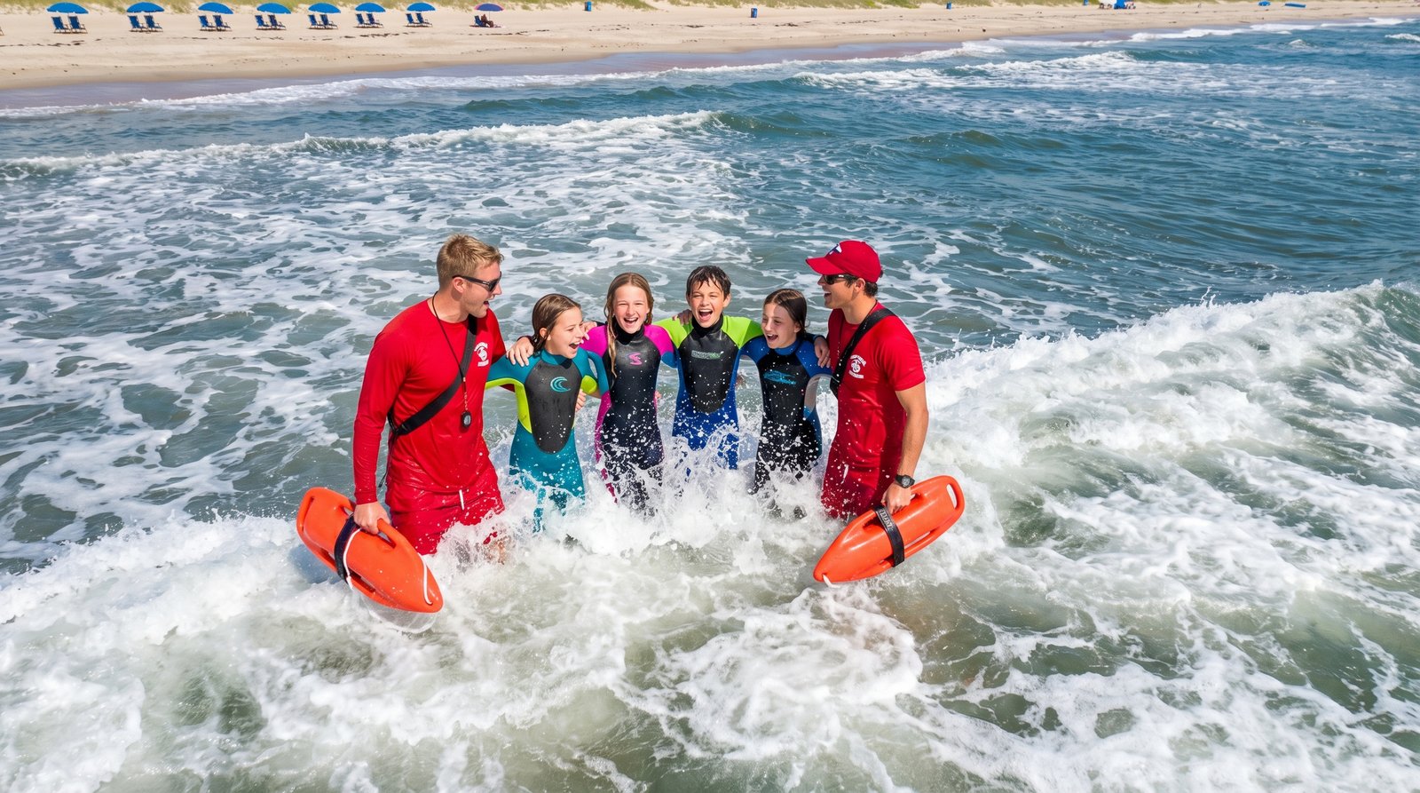 Children and certified ocean lifeguard instructors from The Shore Academy navigating waves together on a South Florida beach